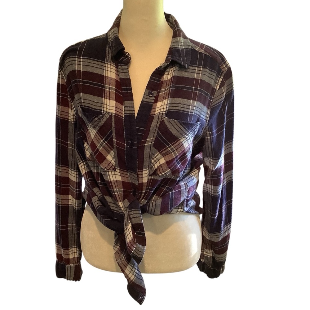 BP Burgundy, White & Navy Soft Oversized Long Sleeve Plaid Shirt.